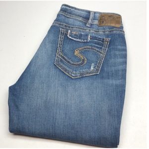 DISTRESS SILVER SUKI MID SLIM BOOT JEANS 36x31 😎